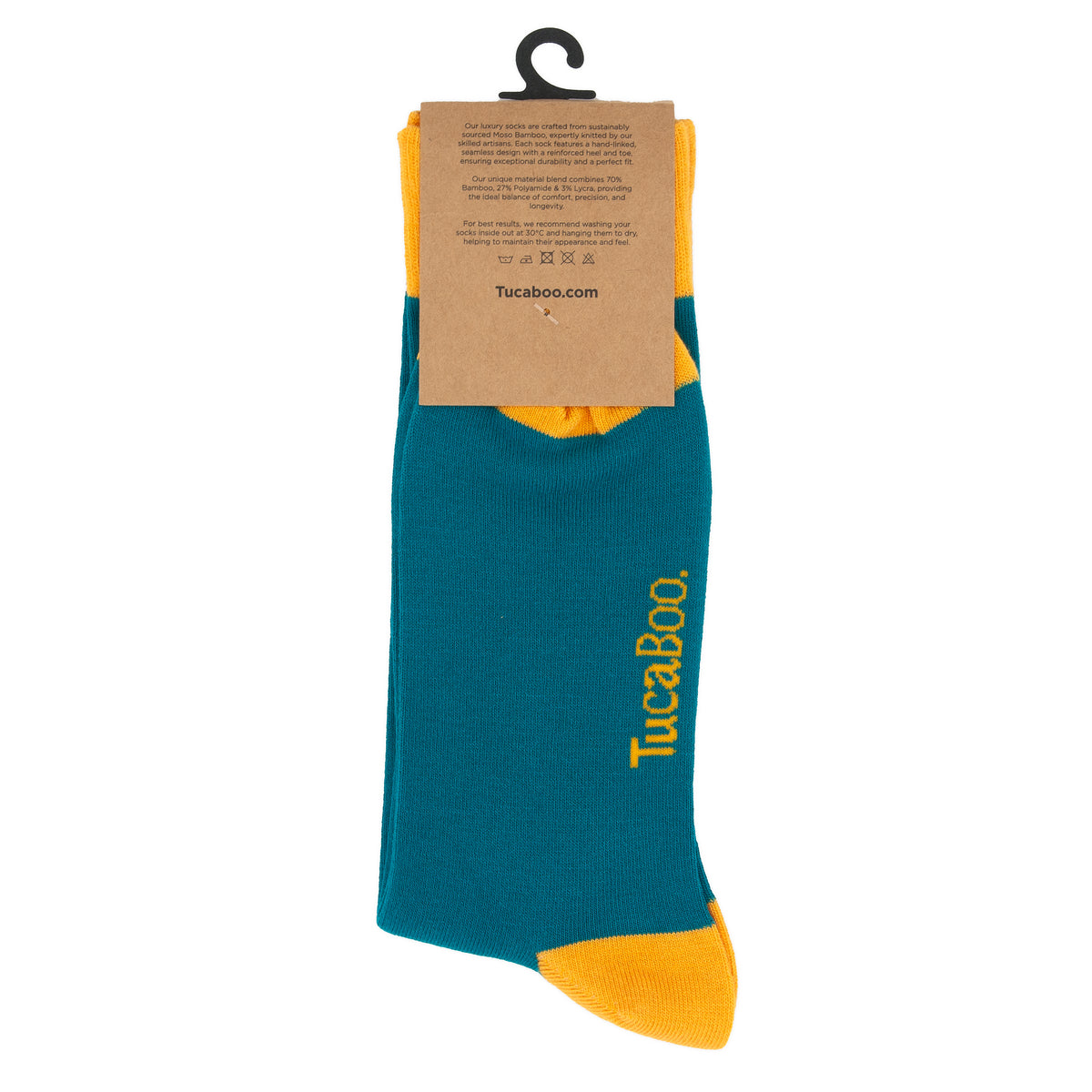 Back of the TucaBoo packaging on teal cats and dogs socks