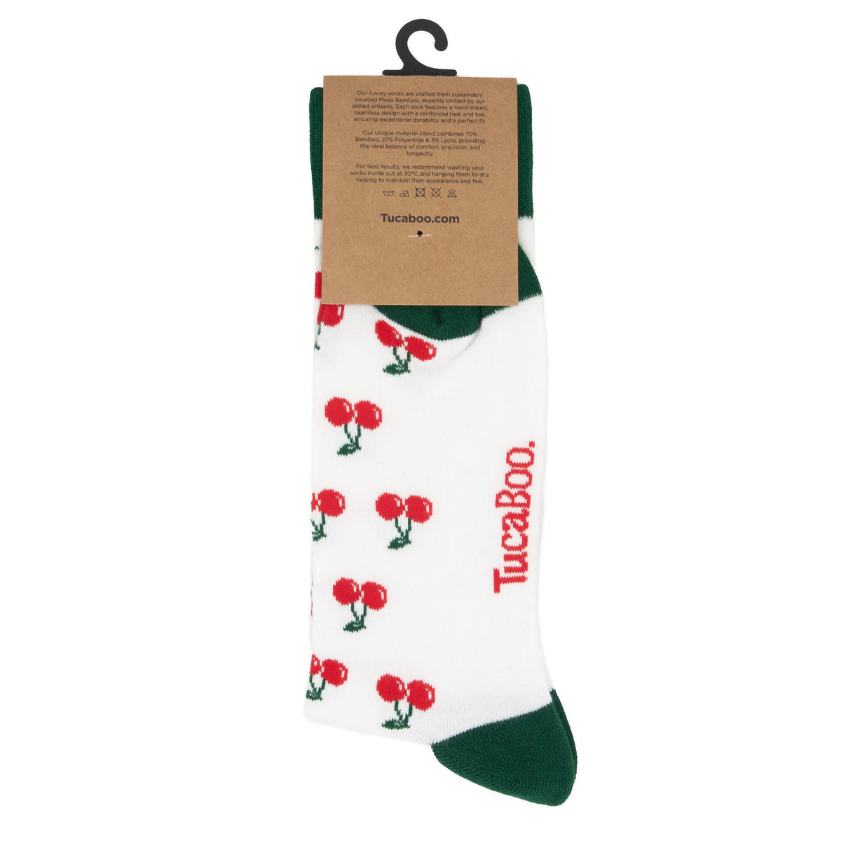 Back of the TucaBoo packaging on white cherry socks