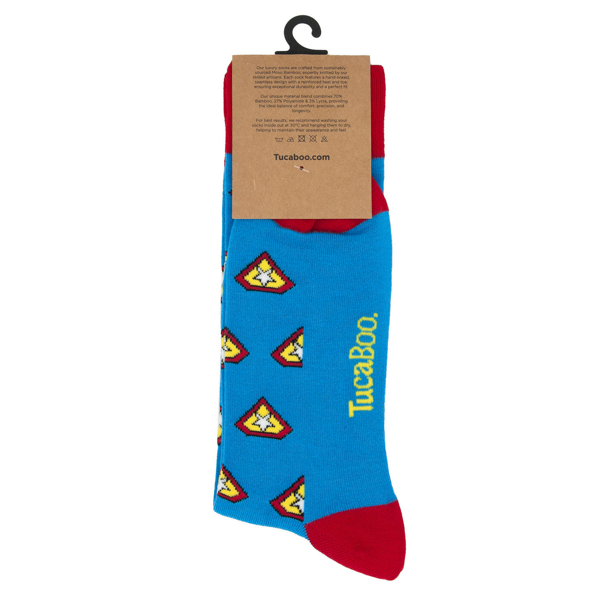 Back of the TucaBoo packaging on blue superhero socks