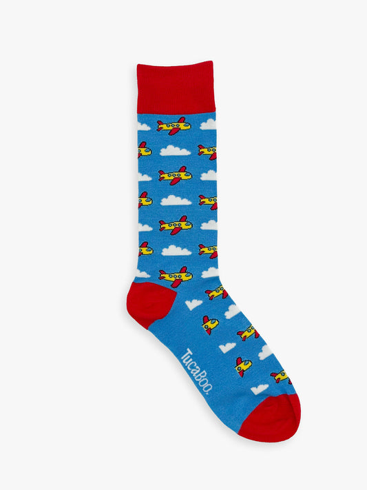 Blue men's aeroplane socks with a red cuff, heel and toe