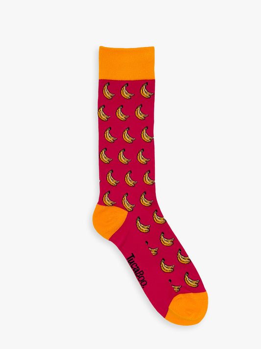 Magenta men's banana socks with an orange cuff, heel and toe