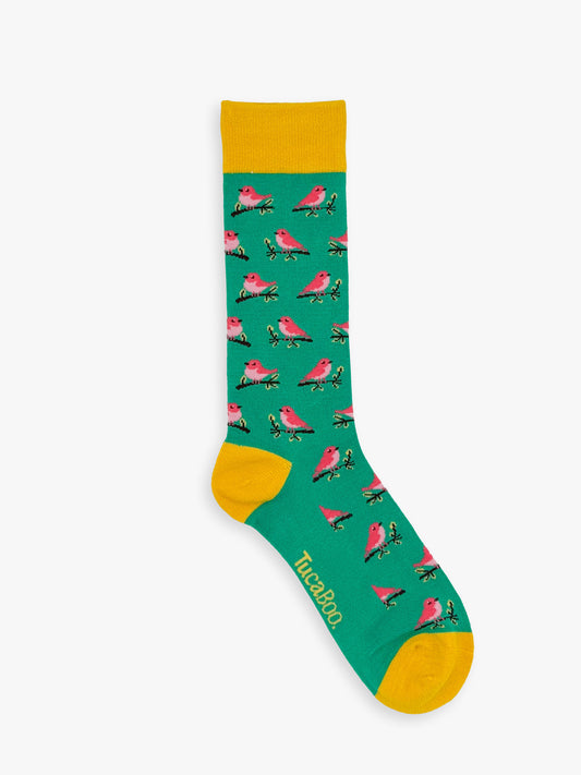 Green men's bird socks with a yellow cuff, heel and toe