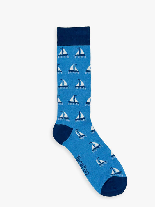 Blue men's sailing boat socks with a navy heel and toe