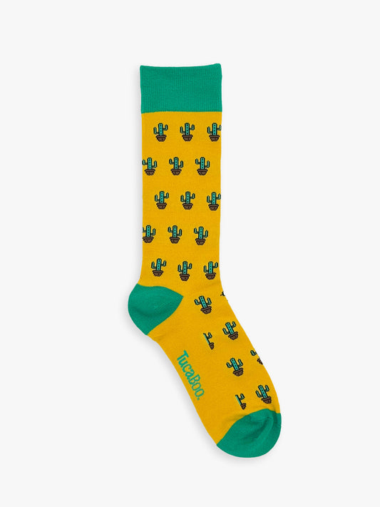 Yellow men's cactus socks with a teal cuff, heel and toe