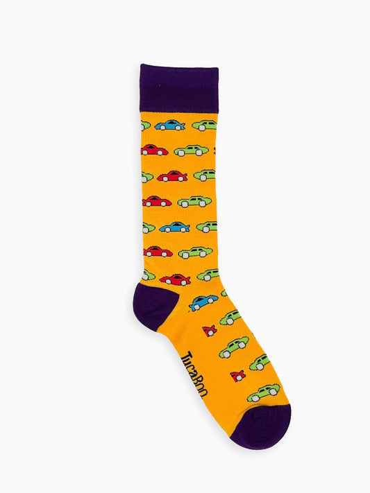 Yellow men's car socks with a purple cuff, heel and toe