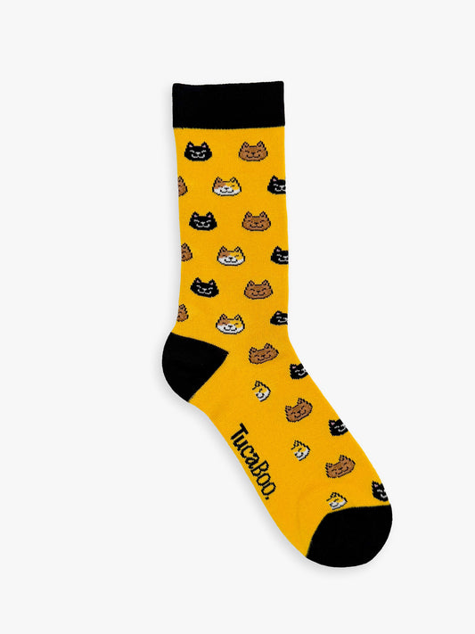 Mustard yellow women's cat socks with a black cuff, heel and toe