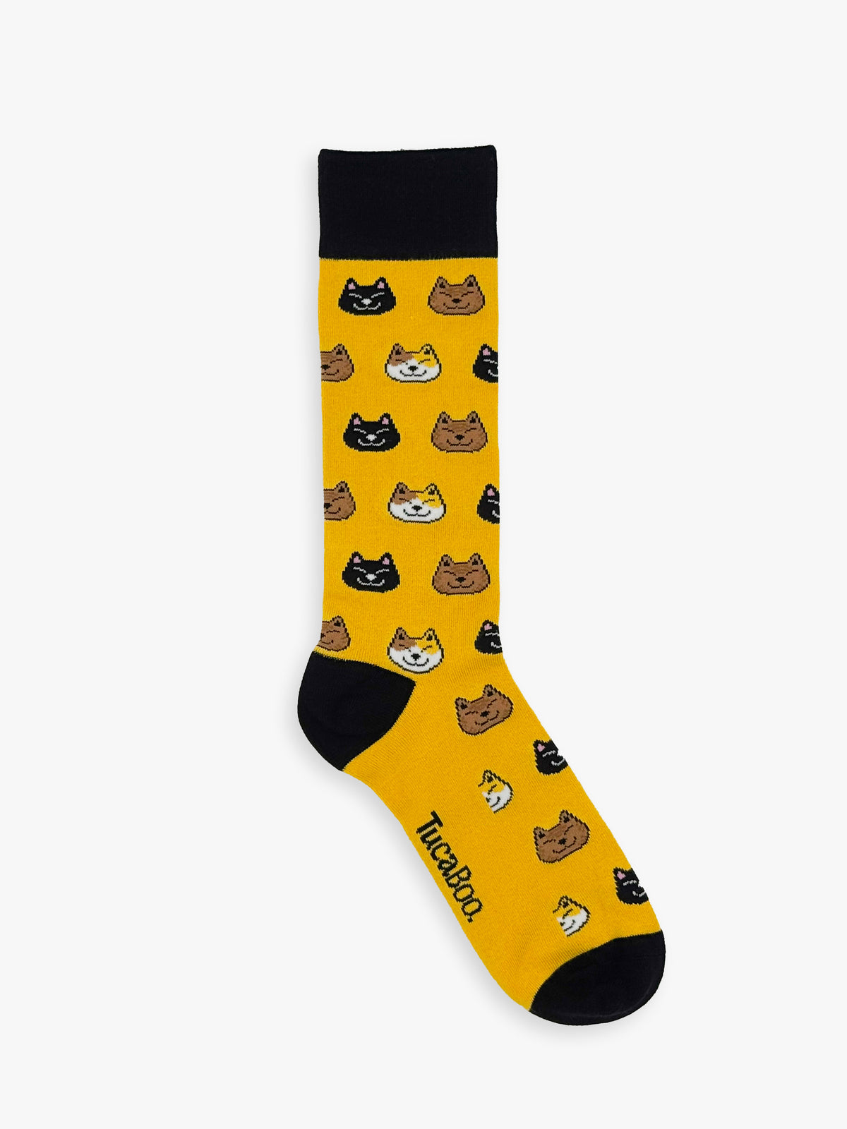 Mustard yellow men's cat socks with a black cuff, heel and toe