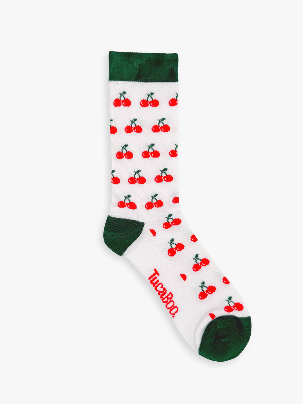 White women's cherry socks with a green cuff, heel and toe