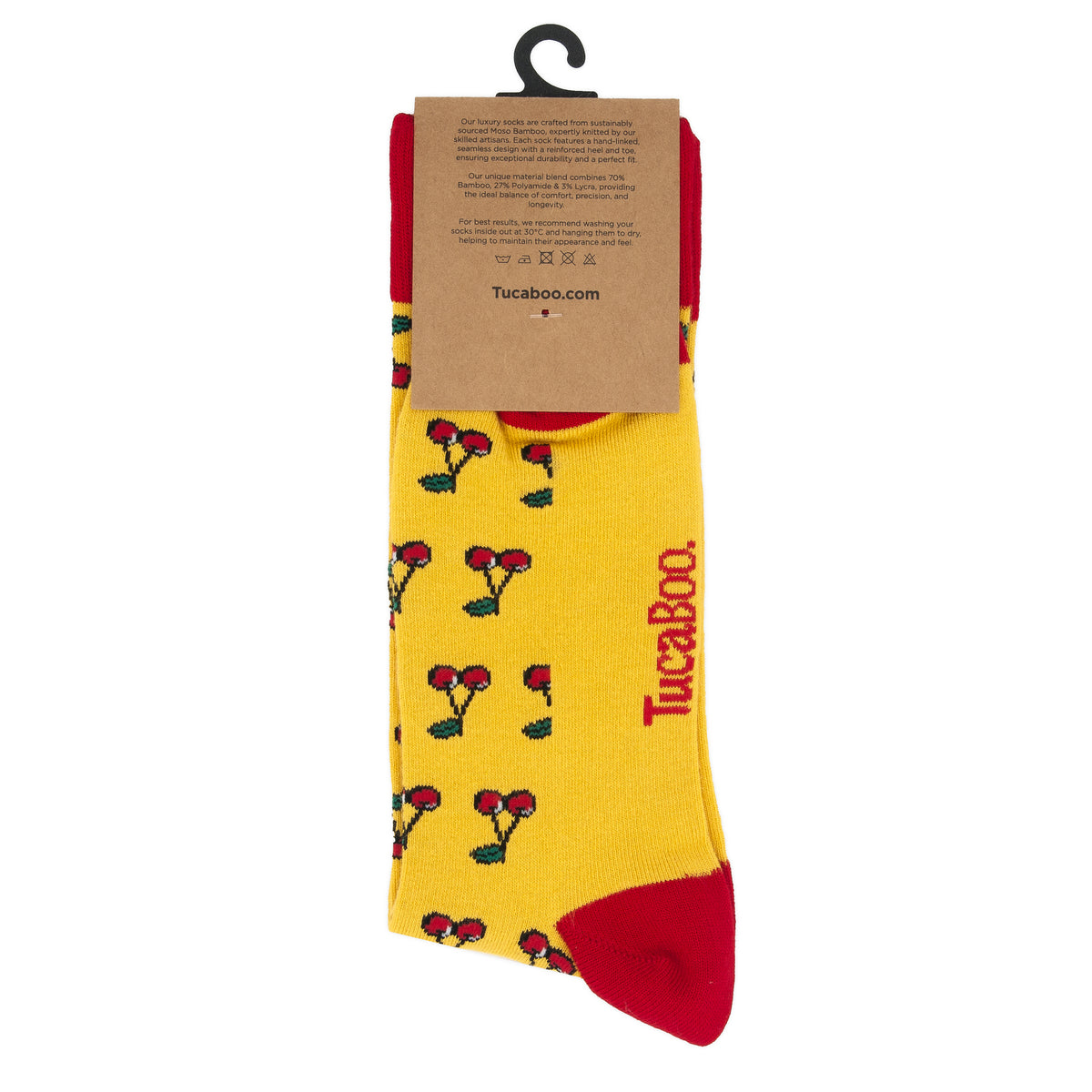 Back of the TucaBoo packaging on yellow cherry socks