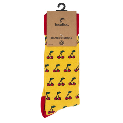 Yellow cherry socks in TucaBoo kraft card packaging