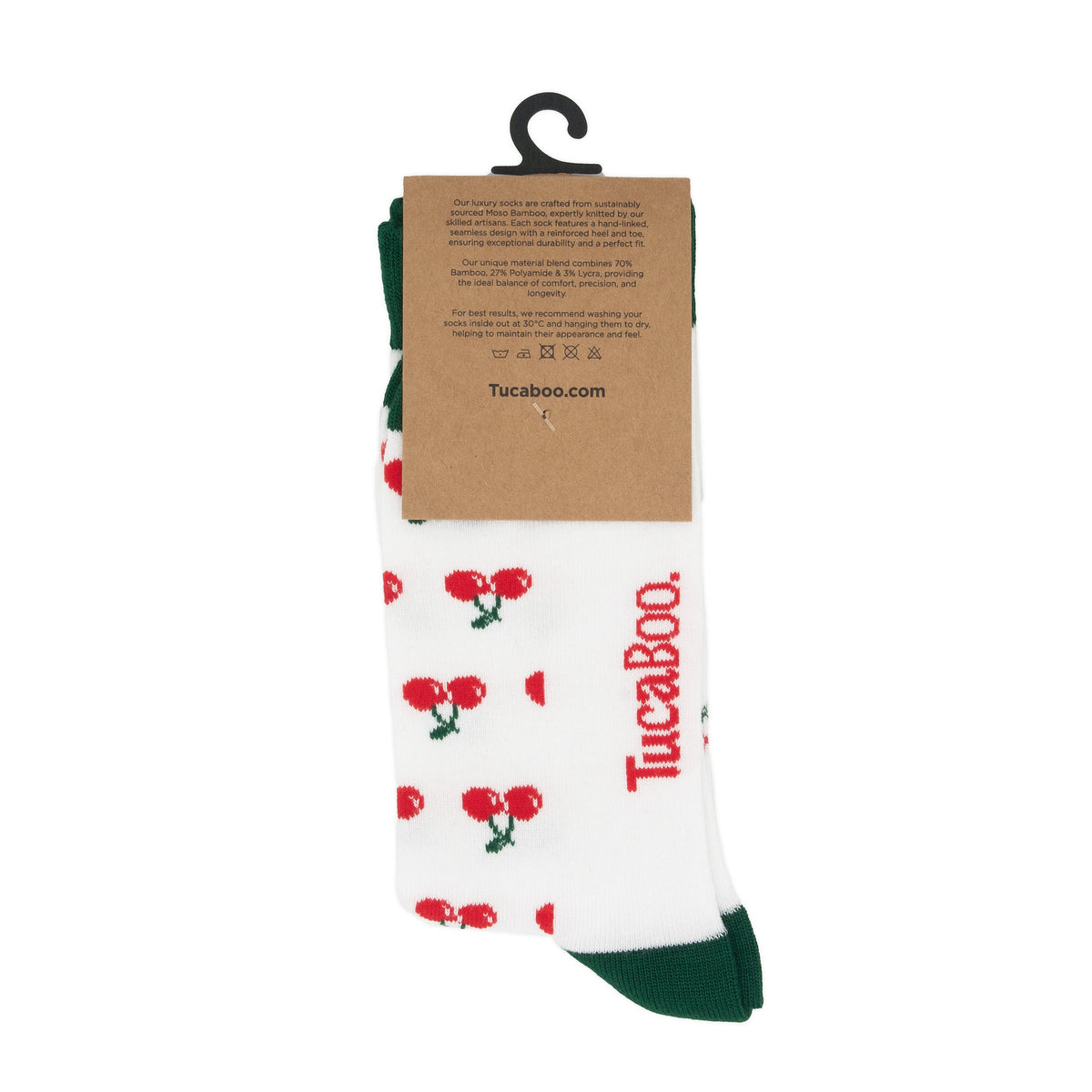 Back of the TucaBoo packaging on white women's cherry socks
