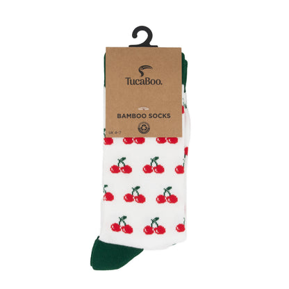 White cherry women's socks in TucaBoo kraft card packaging
