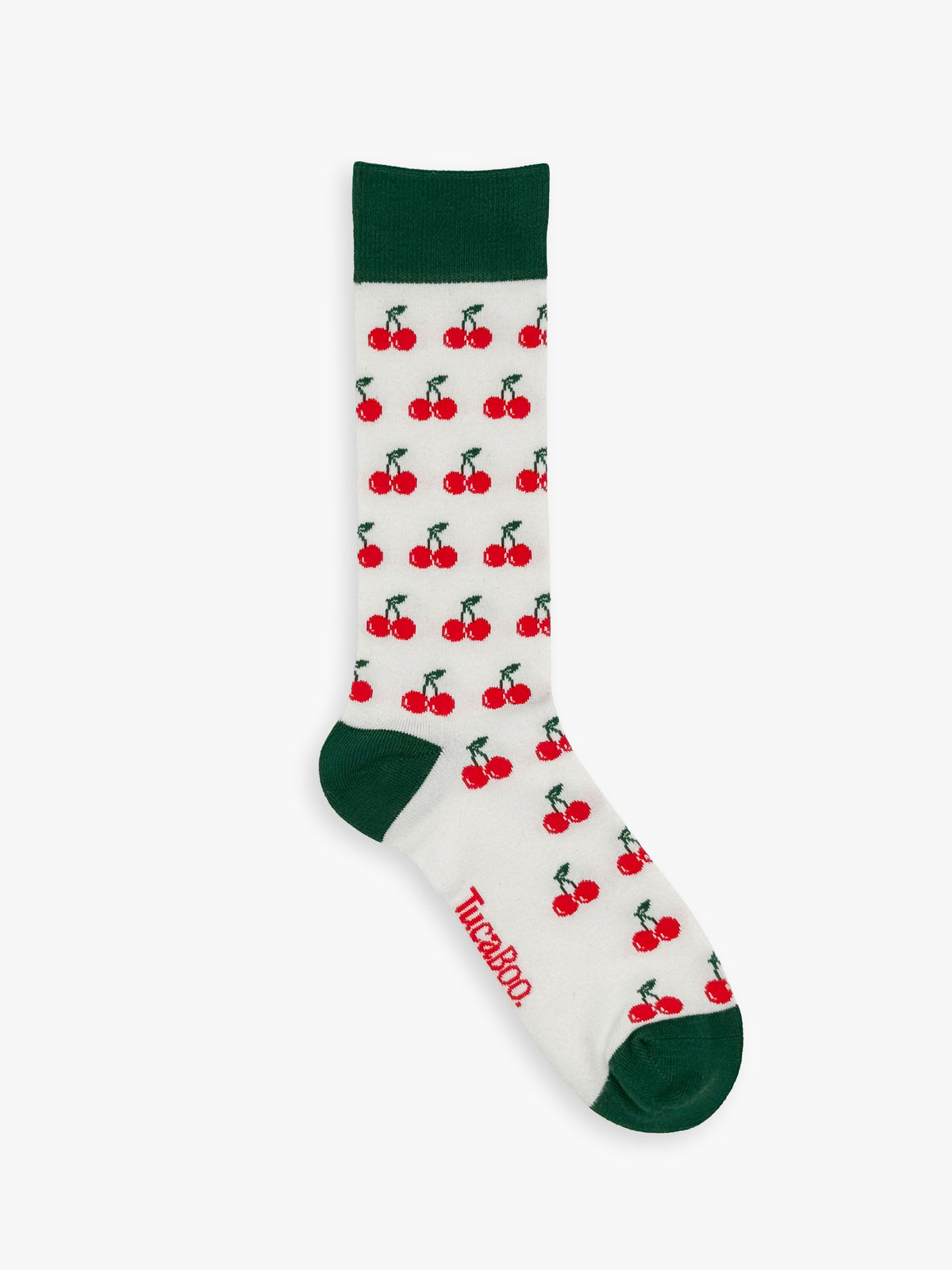 White men's cherry socks with a dark green cuff, heel and toe