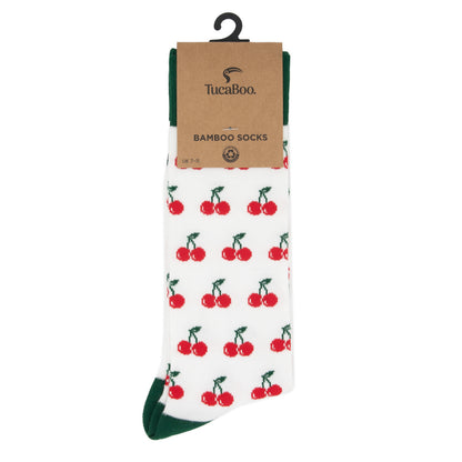 White cherry socks in TucaBoo kraft card packaging