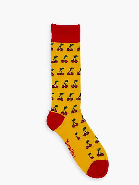 Yellow men's cherry socks with a red cuff, heel and toe