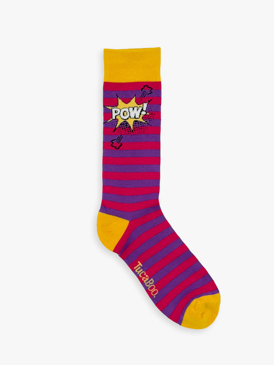 Purple and red striped comic book socks with a yellow POW burst