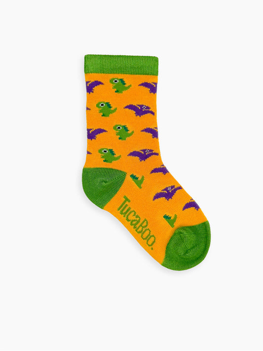Orange kids' dinosaur socks with a green cuff, heel and toe