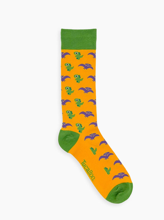 Yellow men's dinosaur socks with a green cuff, heel and toe