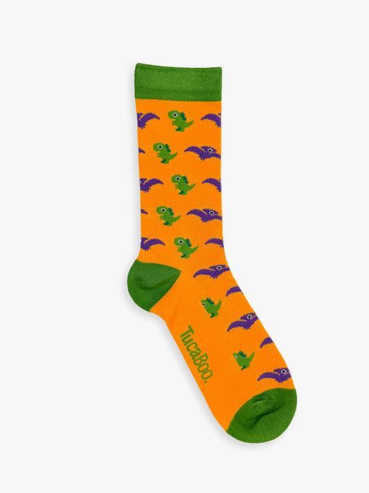 Orange women's dinosaur socks with a green cuff, heel and toe