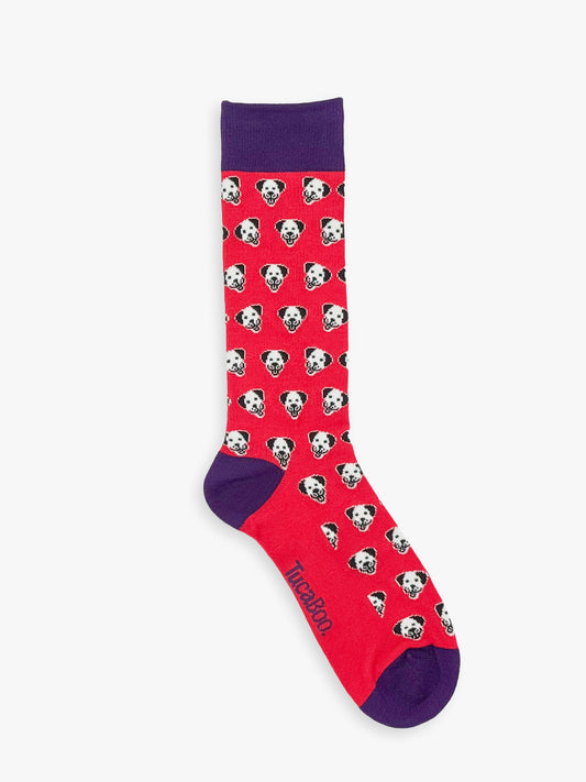 Red men's dog socks with a purple cuff, heel and toe