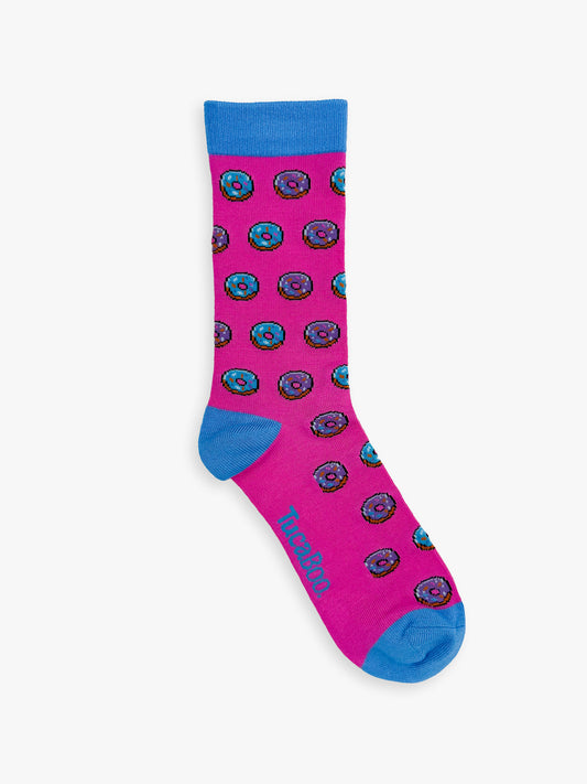 Pink women's donut socks with a blue cuff, heel and toe