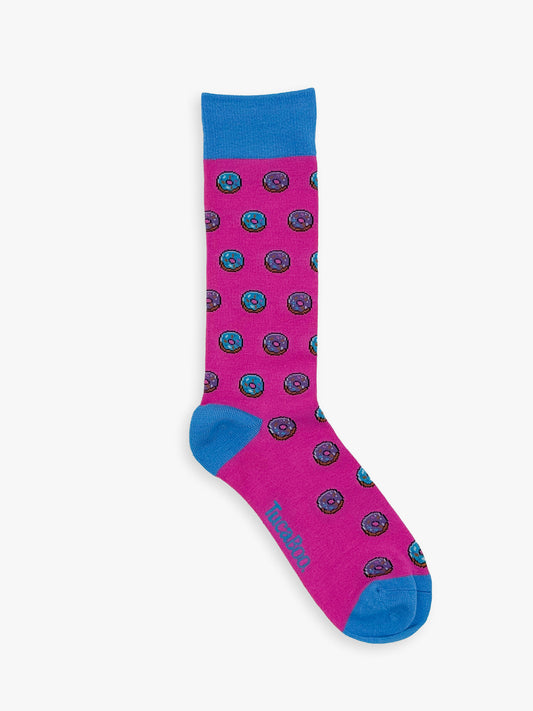 Pink men's donut socks with a blue cuff, heel and toe