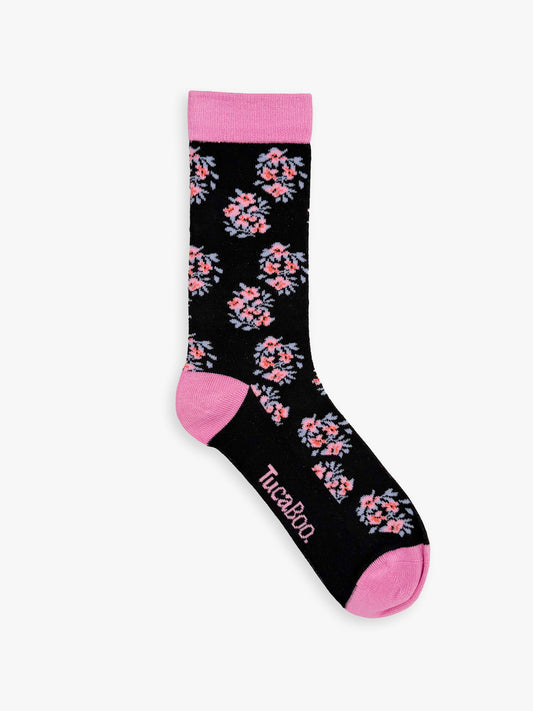 Black women's floral socks with pink flowers and a pink heel and toe