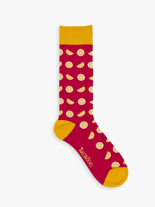 Magenta men's lemon socks with a yellow cuff and heel