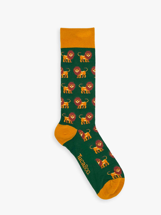 Lion socks for men: dark green bamboo socks with orange lions and a mustard cuff, heel and toe