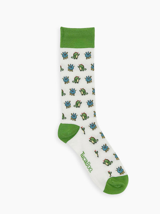 White men's monster socks with a green cuff, heel and toe