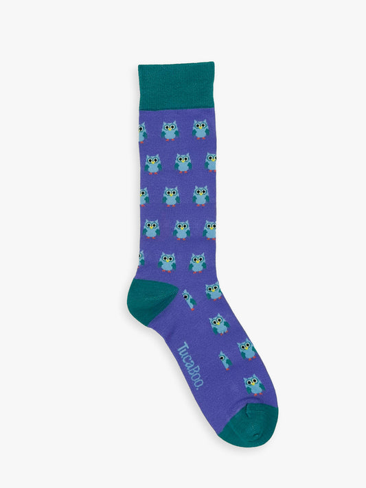Light purple men's owl socks with a teal cuff, heel and toe