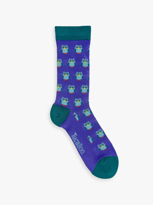 Light purple women's owl socks with a teal cuff, heel and toe