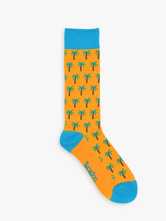 Mustard yellow men's palm tree socks with a light blue cuff, heel and toe