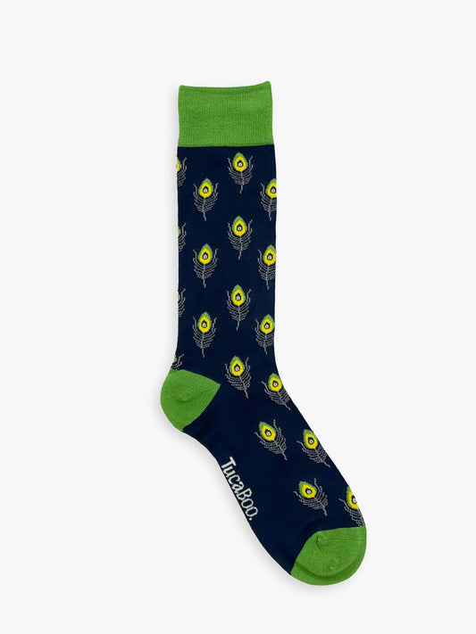 Navy men's peacock feather socks with a green heel and toe