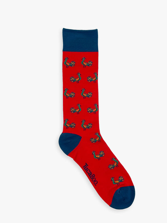 Red men's peacock socks with a navy heel and toe