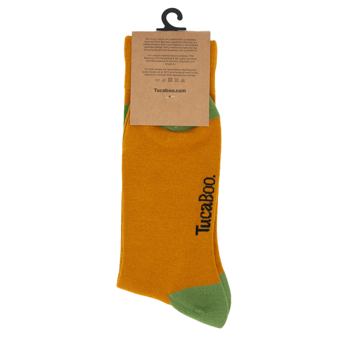 Back of the TucaBoo packaging on orange Peekaboo Monkey socks