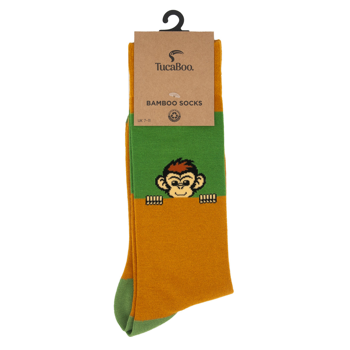 Peekaboo Monkey socks in TucaBoo kraft card packaging