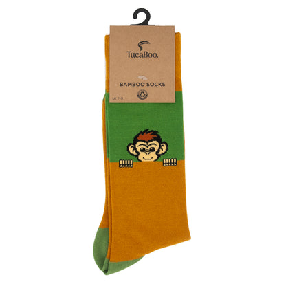 Peekaboo Monkey socks in TucaBoo kraft card packaging