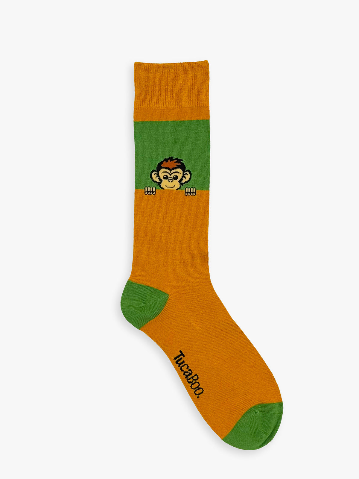 Peekaboo socks for men: orange bamboo sock with a monkey peeking over the green cuff