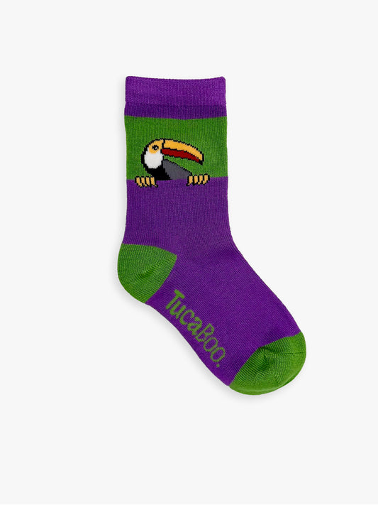 Purple kids' Peekaboo Toucan socks with a toucan peeking over the green cuff