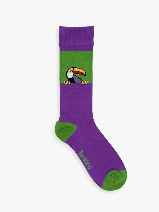 Peekaboo Toucan men's bamboo socks, purple with a green cuff and a toucan peeking over the top
