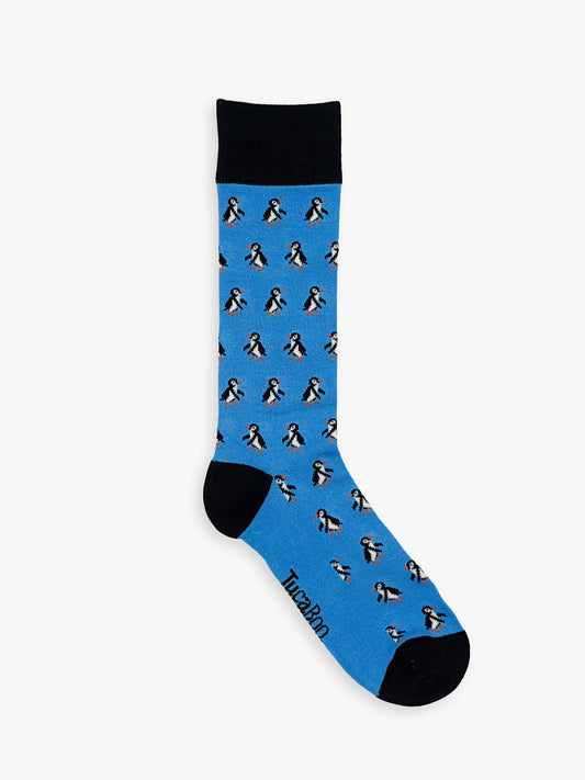 Penguin socks for men: blue bamboo socks with black and white penguins and a black cuff, heel and toe