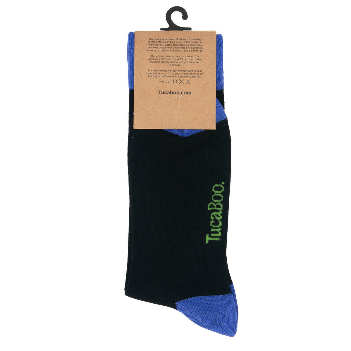 Back of the TucaBoo packaging on black pixel alien socks