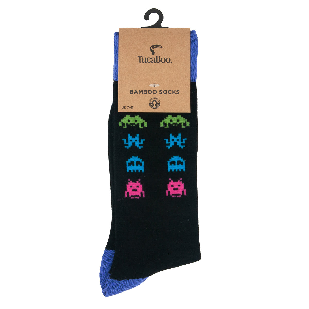 Pixel alien socks in TucaBoo kraft card packaging