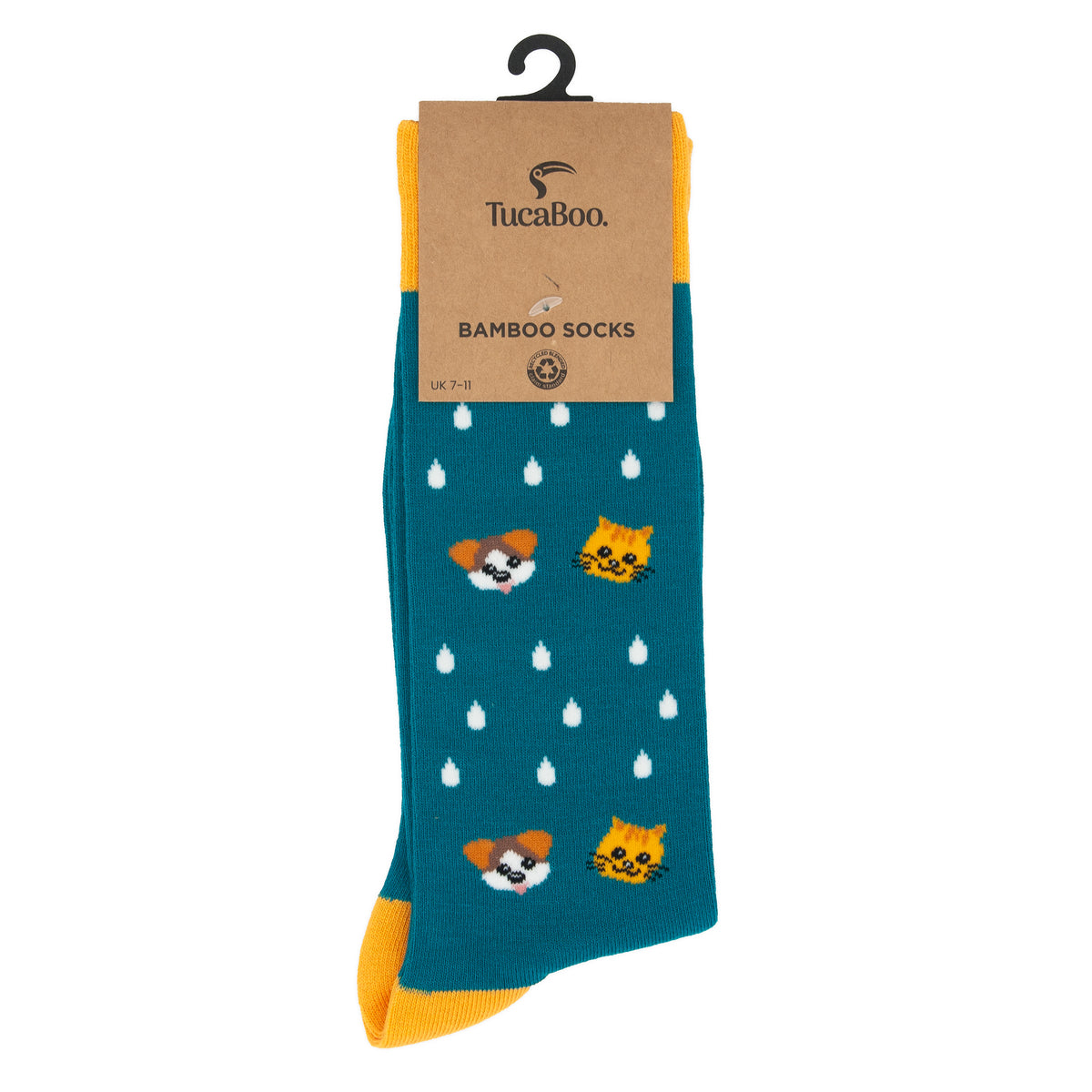 Raining cats and dogs socks in TucaBoo kraft card packaging