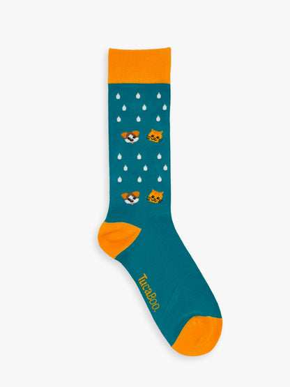 Teal raining cats and dogs men's socks with an orange cuff, heel and toe