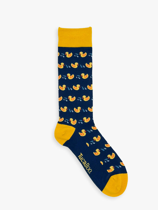 Duck socks for men: navy bamboo socks with yellow rubber ducks and a yellow cuff, heel and toe