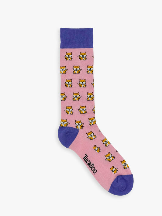 Pink men's Shiba Inu socks with a purple cuff, heel and toe