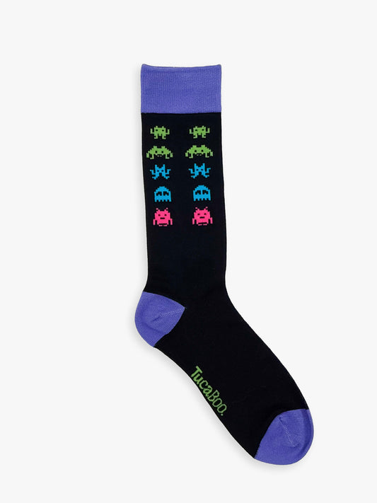 Black men's pixel alien socks with a purple cuff, heel and toe