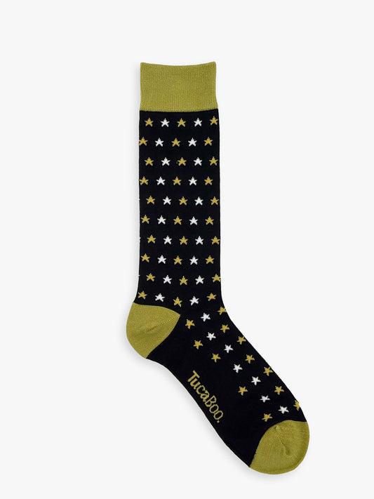 Black men's star socks with an olive green cuff, heel and toe